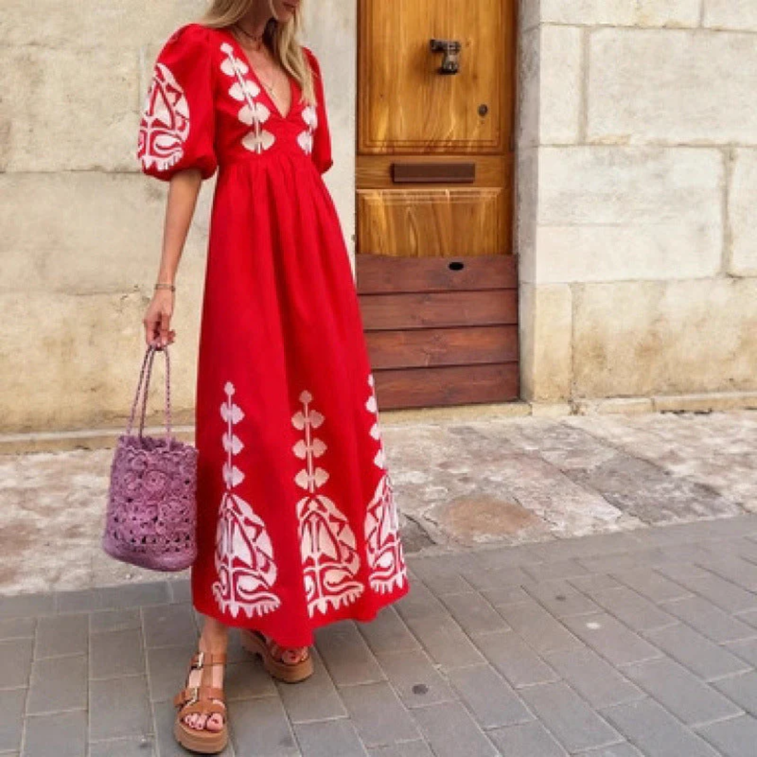 Boho Maxikleid mit Ethno-Stickerei und Puffärmeln, vielseitig und stilvoll — Image 2
