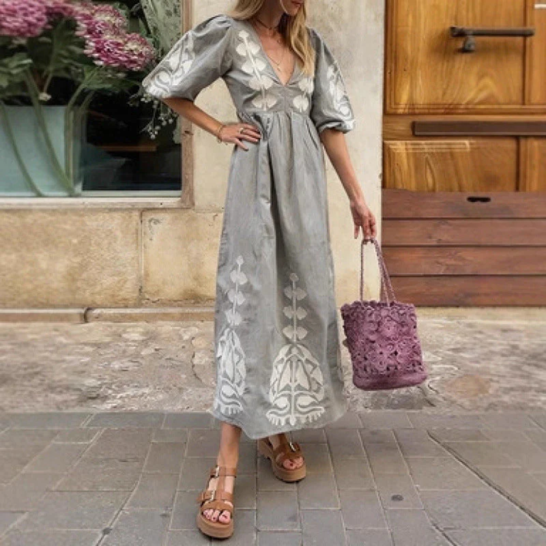 Boho Maxikleid mit Ethno-Stickerei und Puffärmeln, vielseitig und stilvoll — Image 3
