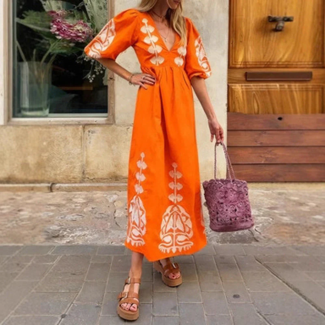 Boho Maxikleid mit Ethno-Stickerei und Puffärmeln, vielseitig und stilvoll — Image 4