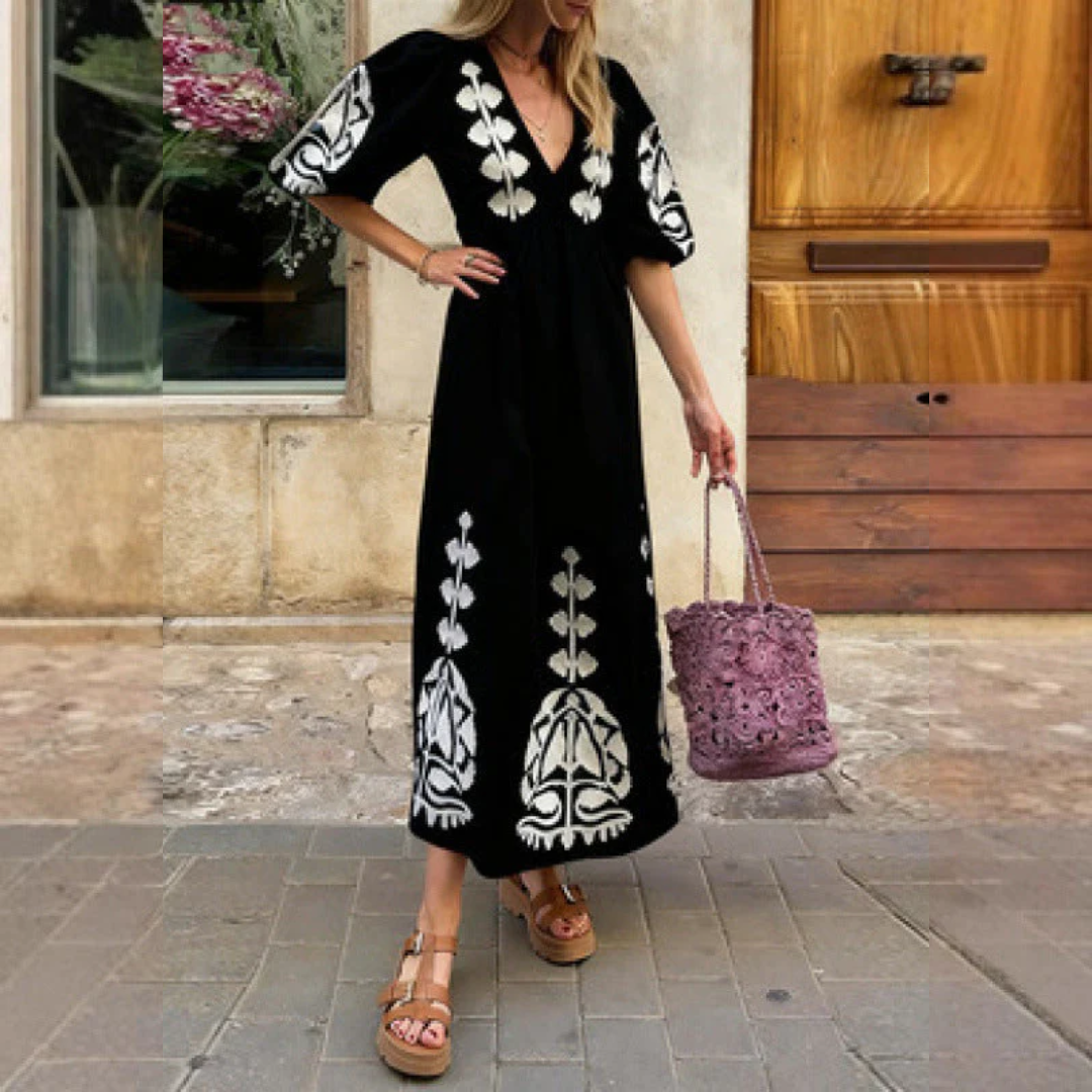 Boho Maxikleid mit Ethno-Stickerei und Puffärmeln, vielseitig und stilvoll — Image 5