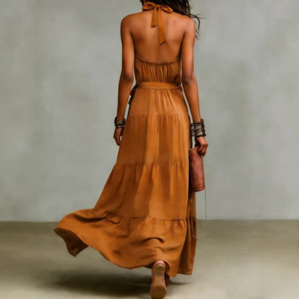 Marke Maxikleid Damen ärmellos mit Gürtel, fließend, braun — Image 2
