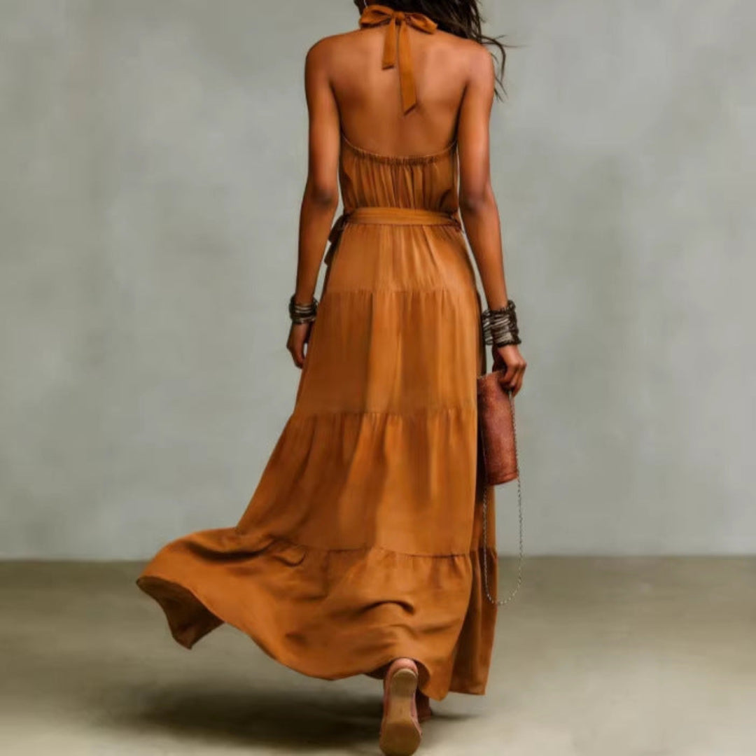 Marke Maxikleid Damen ärmellos mit Gürtel, fließend, braun — Image 2