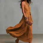 Marke Maxikleid Damen ärmellos mit Gürtel, fließend, braun — Image 3