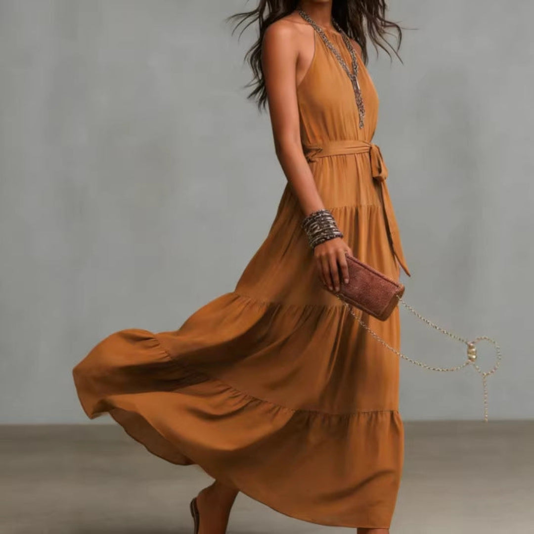 Marke Maxikleid Damen ärmellos mit Gürtel, fließend, braun — Image 3