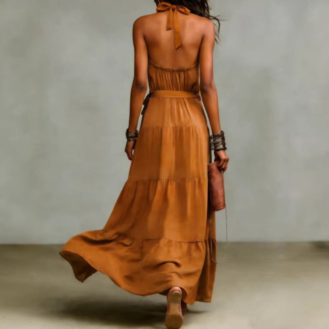 Marke Maxikleid Damen ärmellos mit Gürtel, fließend, braun — Image 4