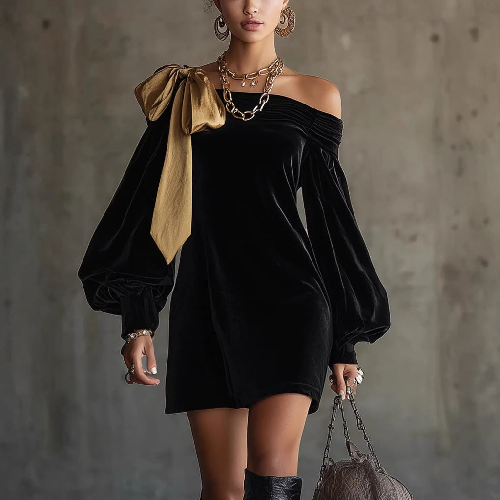 LuxusMode Damen-Kleid mit Schleife und asymmetrischem Schnitt, schwarzer Samt — Main Image