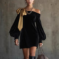 LuxusMode Damen-Kleid mit Schleife und asymmetrischem Schnitt, schwarzer Samt — Main Image