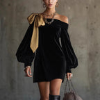 LuxusMode Damen-Kleid mit Schleife und asymmetrischem Schnitt, schwarzer Samt — Main Image