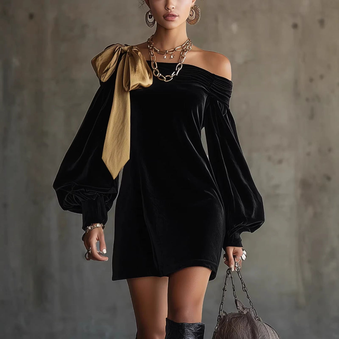 LuxusMode Damen-Kleid mit Schleife und asymmetrischem Schnitt, schwarzer Samt — Main Image