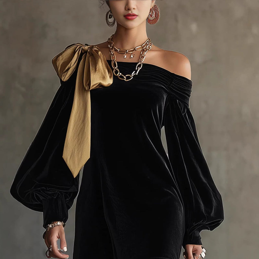 LuxusMode Damen-Kleid mit Schleife und asymmetrischem Schnitt, schwarzer Samt — Image 2