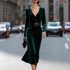 Markenname Damen-Samt-Midikleid mit V-Ausschnitt und Gürtel, grün — Image 2
