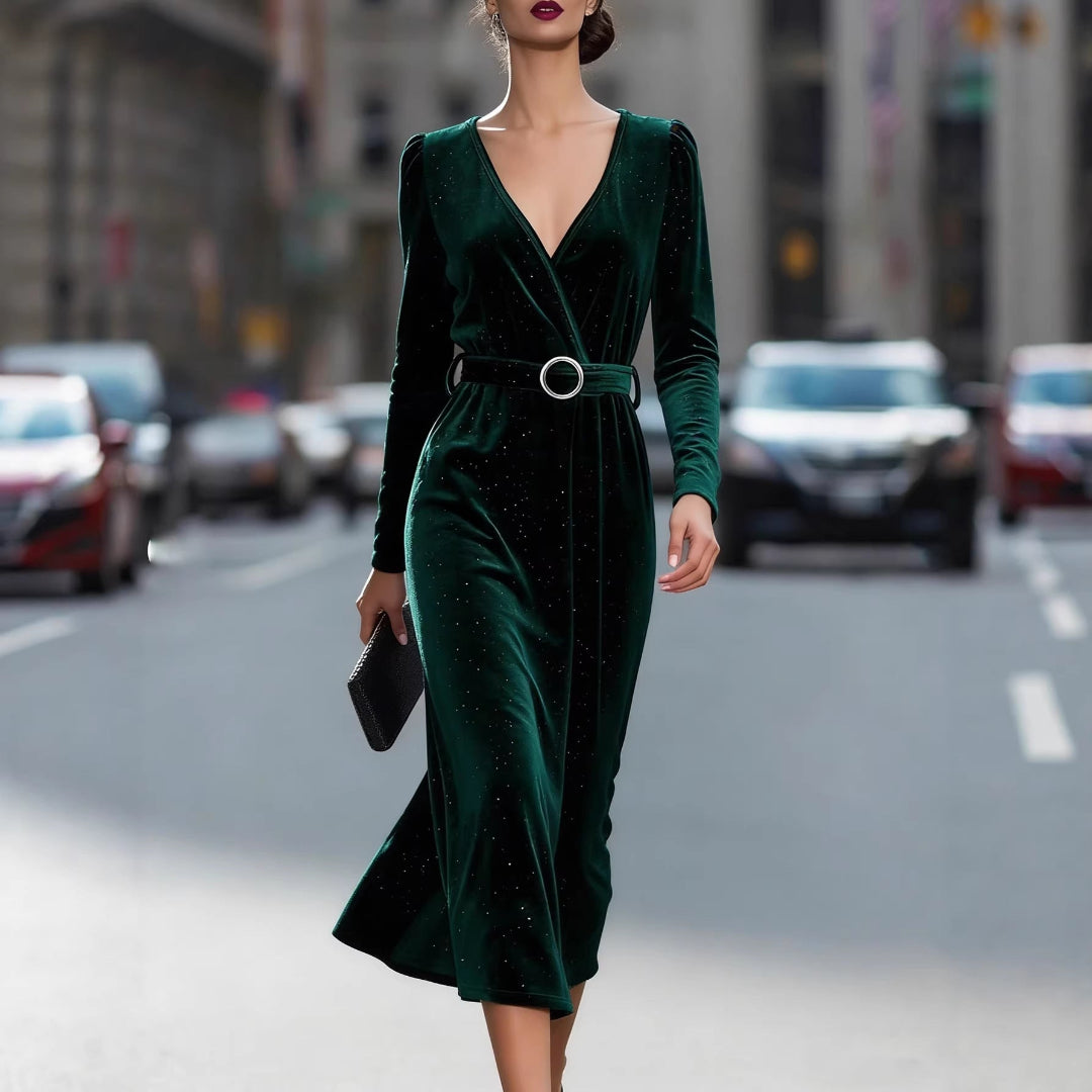 Markenname Damen-Samt-Midikleid mit V-Ausschnitt und Gürtel, grün — Image 2
