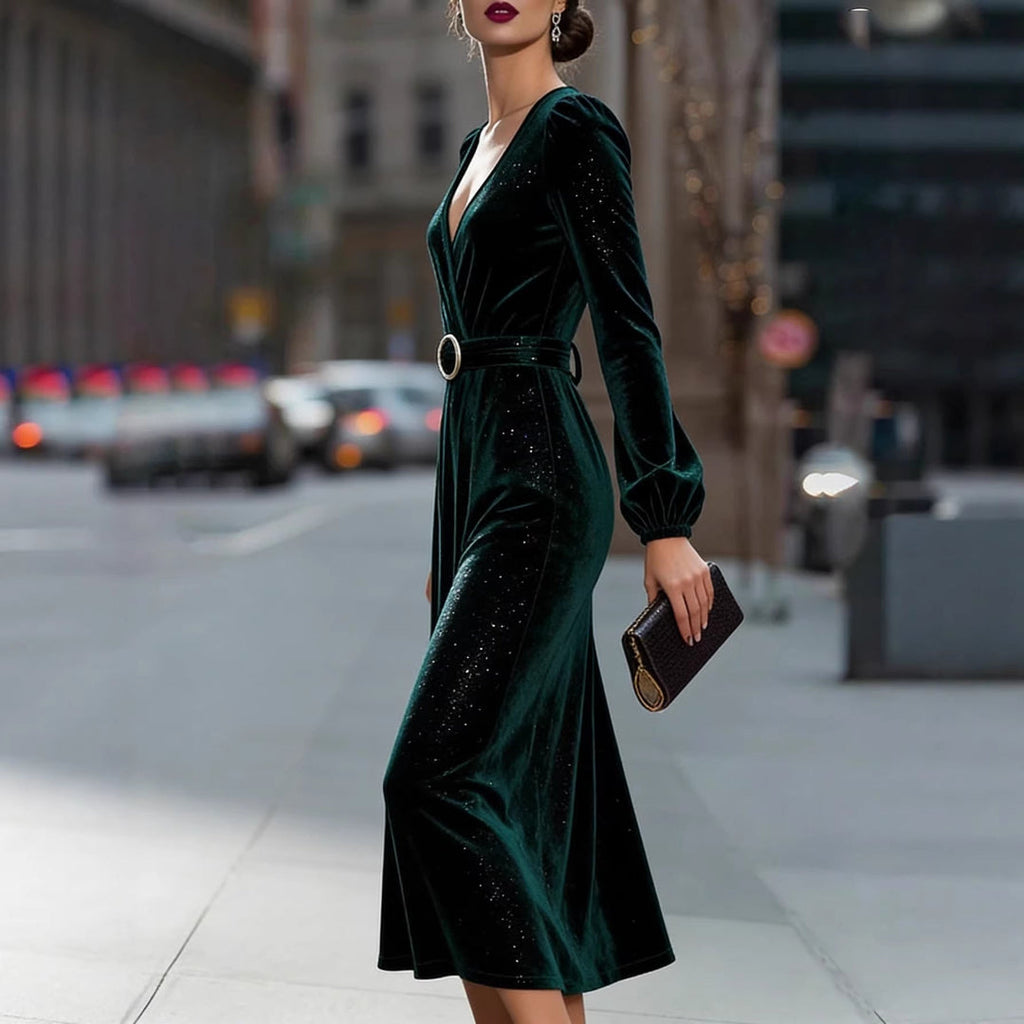 Markenname Damen-Samt-Midikleid mit V-Ausschnitt und Gürtel, grün — Image 3
