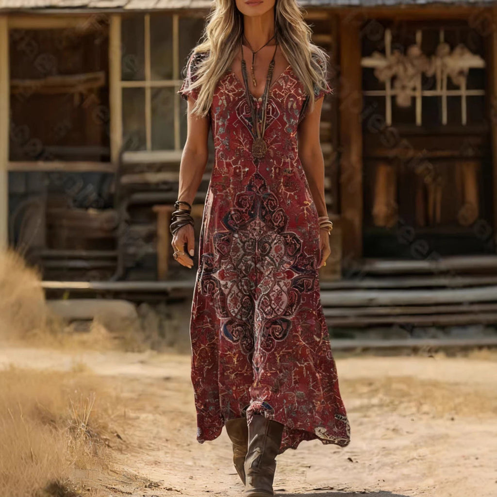Boho Maxikleid mit Paisley-Muster und V-Ausschnitt aus Baumwolle — Main Image