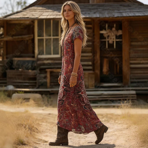 Boho Maxikleid mit Paisley-Muster und V-Ausschnitt aus Baumwolle — Image 2