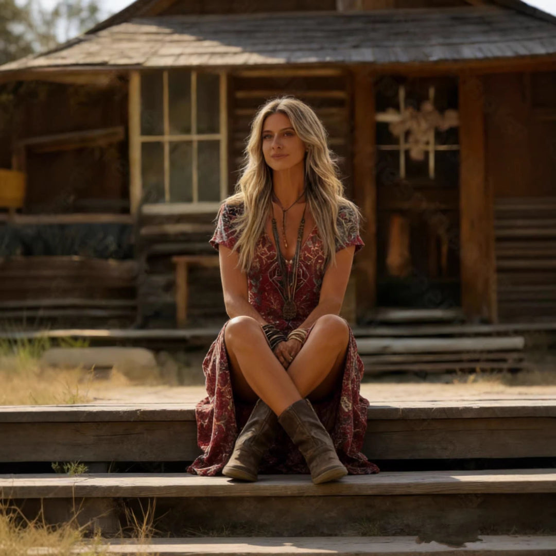Boho Maxikleid mit Paisley-Muster und V-Ausschnitt aus Baumwolle — Image 4