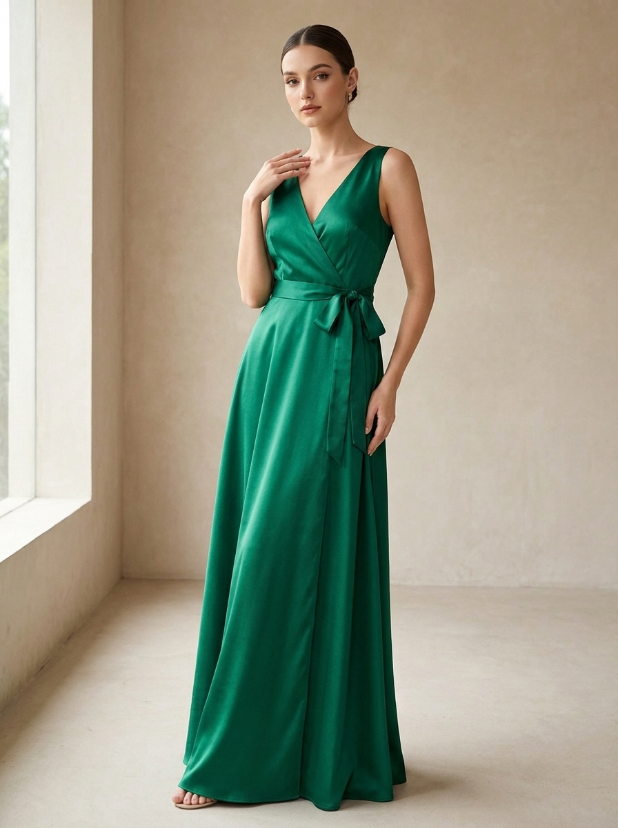 Model trägt smaragdgrünes Morgenröte Maxikleid, Vorderansicht