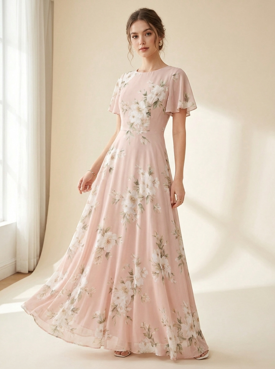 Model trägt zartrosa Blütenzauber Maxikleid, Vorderansicht