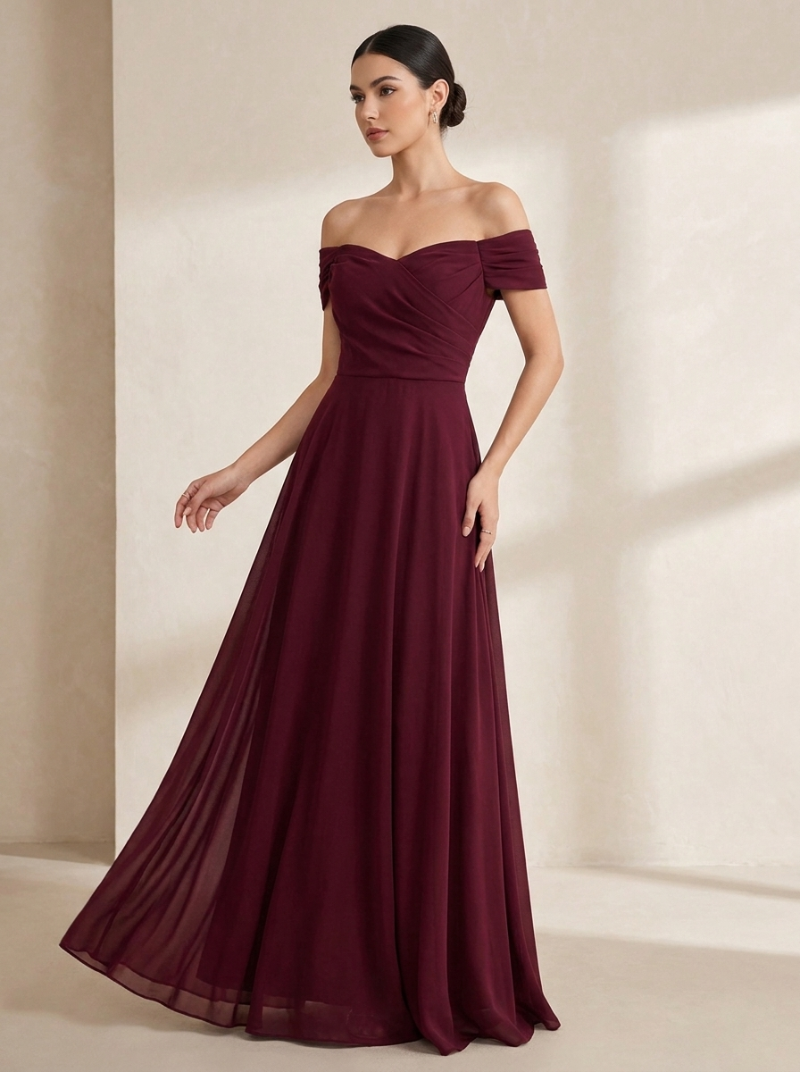 Model trägt burgunderrotes Engelsgleich Maxikleid, Vorderansicht